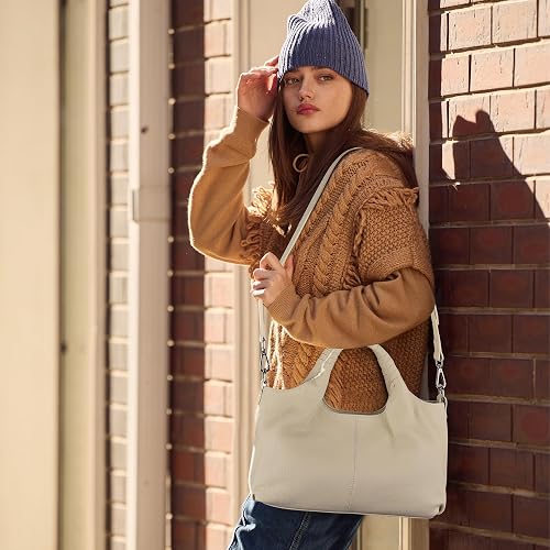 Women's Beige Genuine Cowhide Leather Satchel Handbag with Crossbody Strap