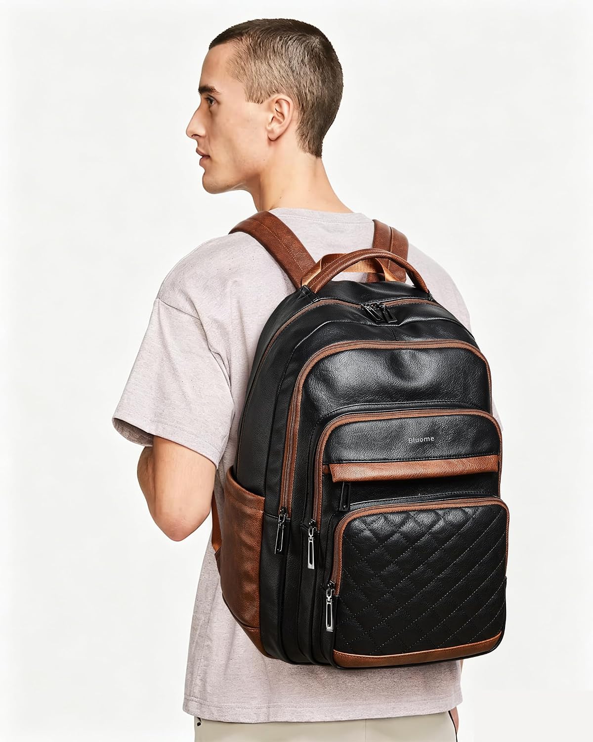 Women's Black and Brown Vegan Leather 43L Laptop Backpack for Work and Travel