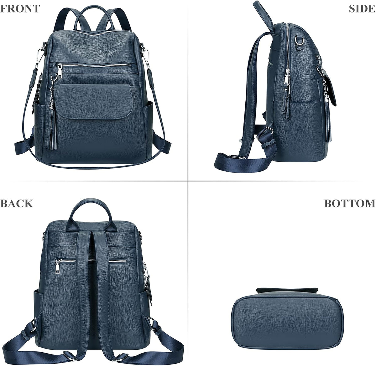 Women's Indigo Blue Full Grain Cowhide Leather Convertible Backpack Purse