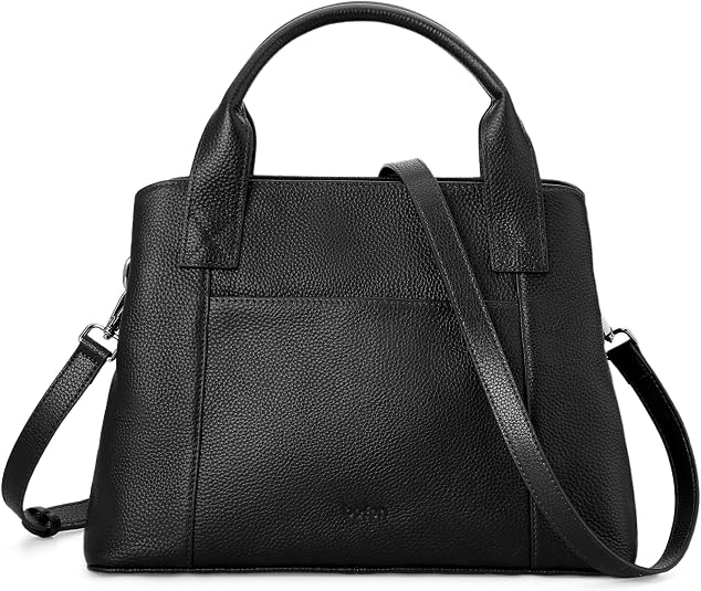 Women's Cognac Brown Genuine Pebble Leather Satchel Tote with Crossbody Strap