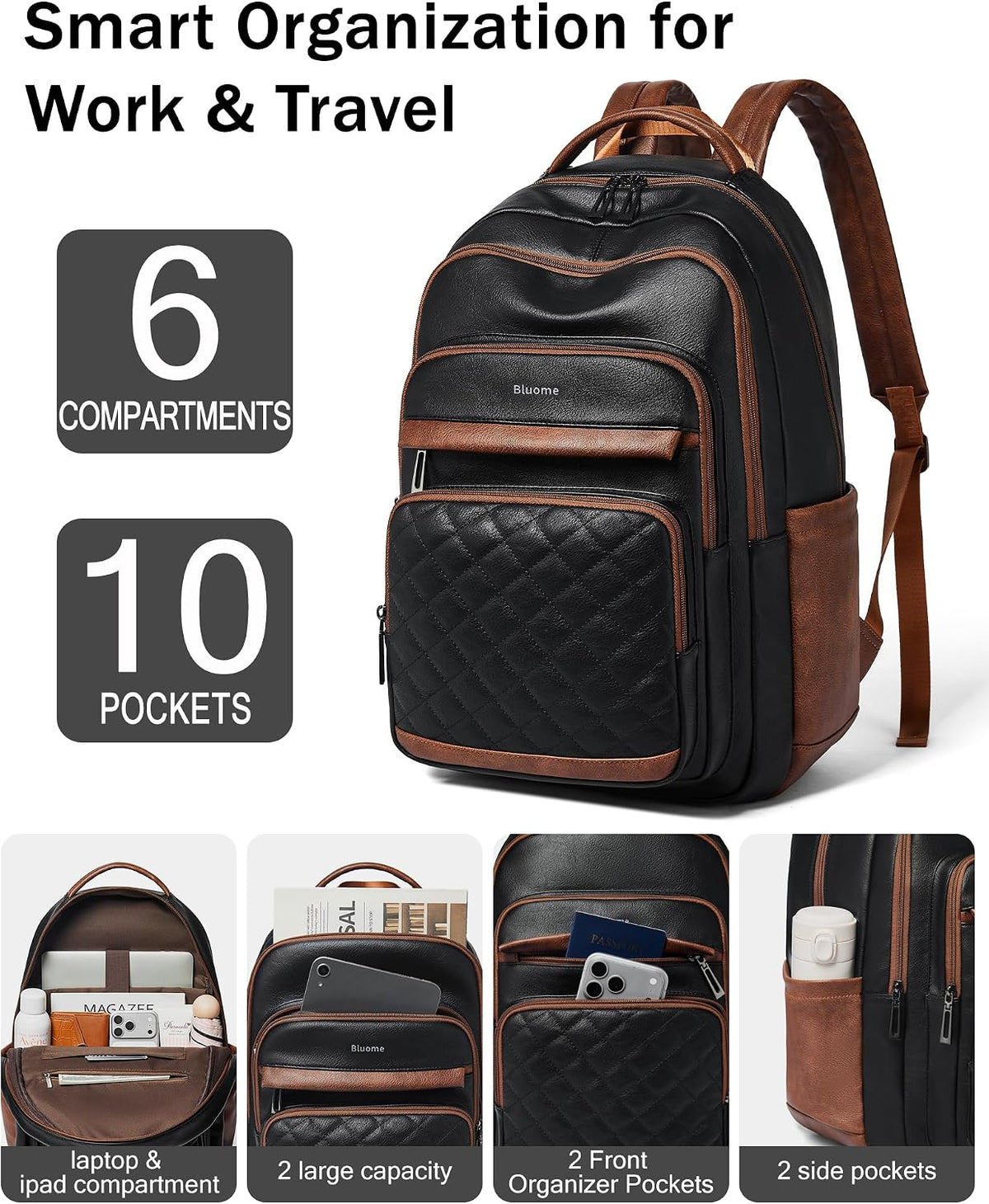 Women's Black and Brown Vegan Leather 43L Laptop Backpack for Work and Travel