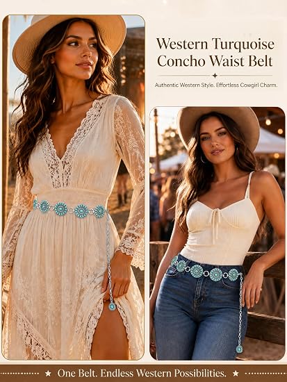 Women's Turquoise Concho Silver Chain Belt