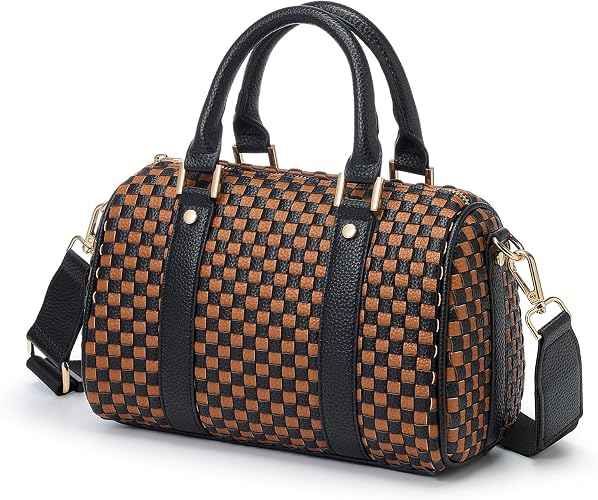 Women's Black Checkered Woven Vegan Leather Mini Satchel Crossbody Bag
