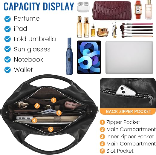 Women's Black Vegan Leather Tote Hobo Satchel with Detachable Strap