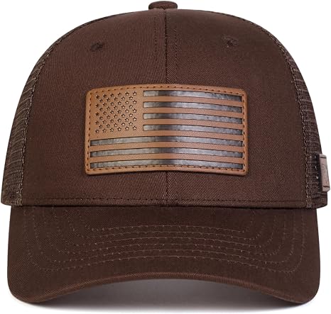 Brown American Flag Leather Patch Mesh Trucker Hat with Snap Closure