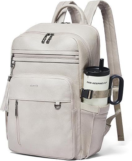Women's Beige and Brown Faux Leather Laptop Backpack with 17 Inch Laptop Compartment