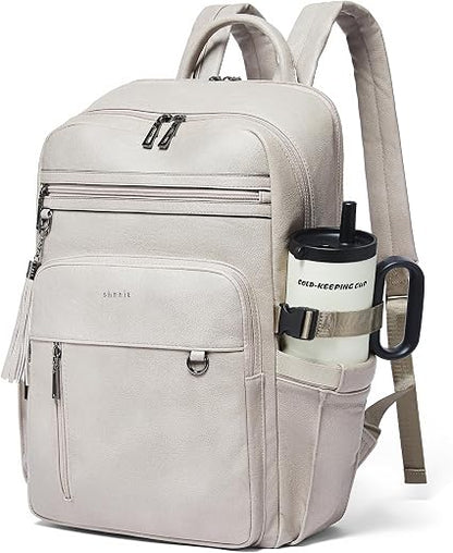 Women's Beige and Brown Faux Leather Laptop Backpack with 17 Inch Laptop Compartment