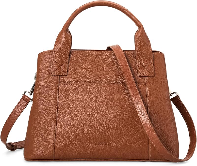 Women's Cognac Brown Genuine Pebble Leather Satchel Tote with Crossbody Strap