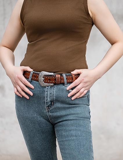 Women's Studded Full-Grain Leather Belt – Vintage Silver Buckle