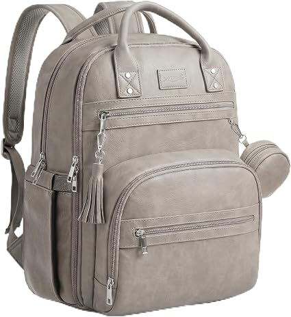 Brown Vegan Leather Backpack with 15.6 Inch Laptop Slot, Changing Pad and Stroller Straps