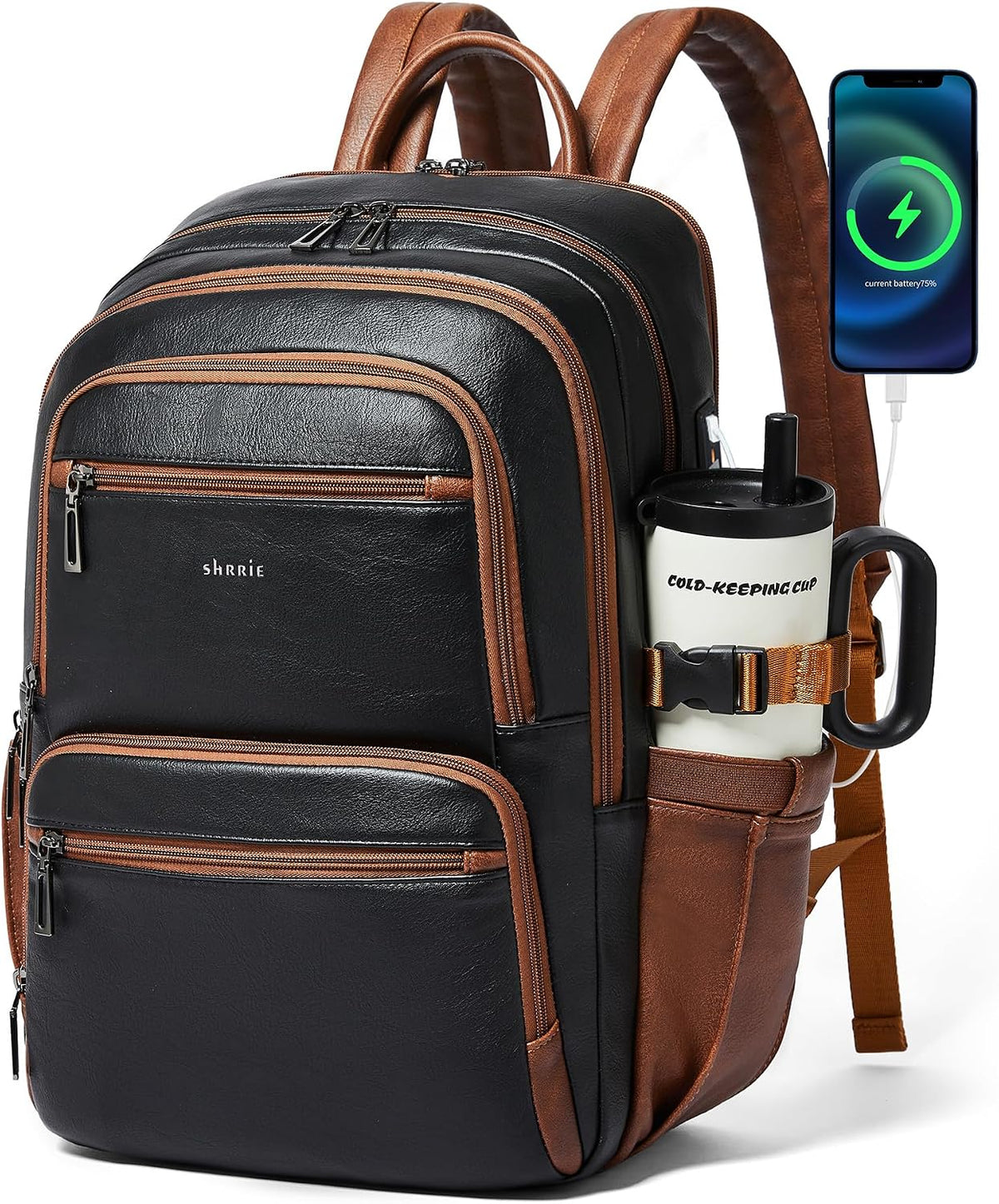 Women's Black Faux Leather 17 Inch Laptop Backpack with USB Charging Port