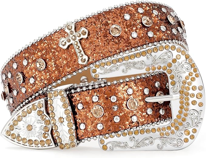 Unisex Rhinestone Crown & Cross Studded Belt