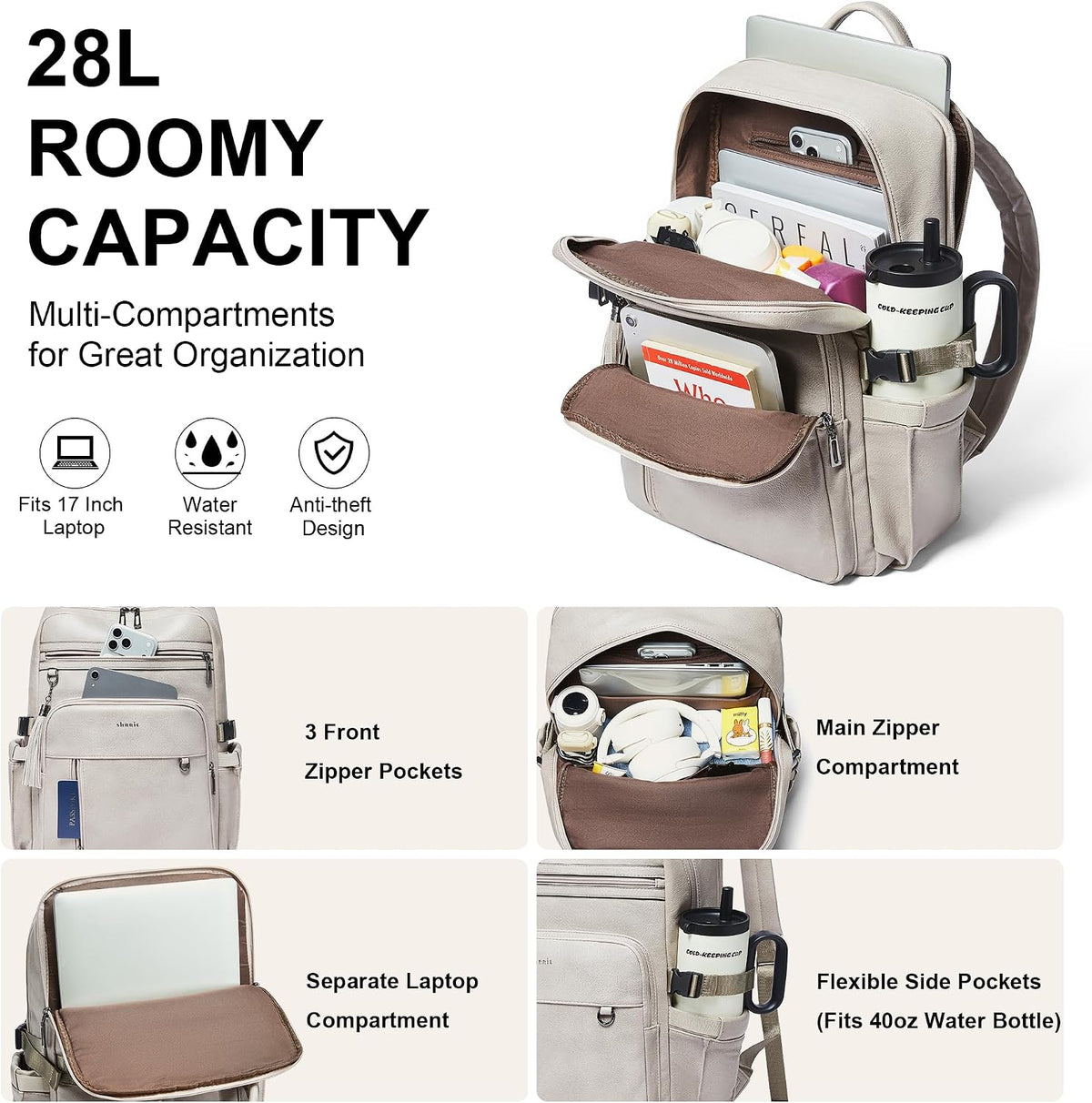 Women's Beige and Brown Faux Leather Laptop Backpack with 17 Inch Laptop Compartment