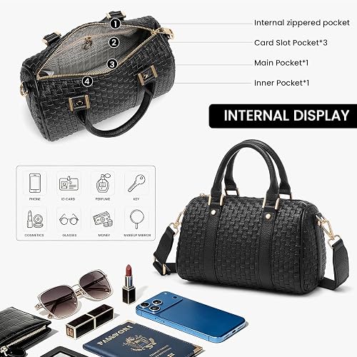 Women's Black Checkered Woven Vegan Leather Mini Satchel Crossbody Bag