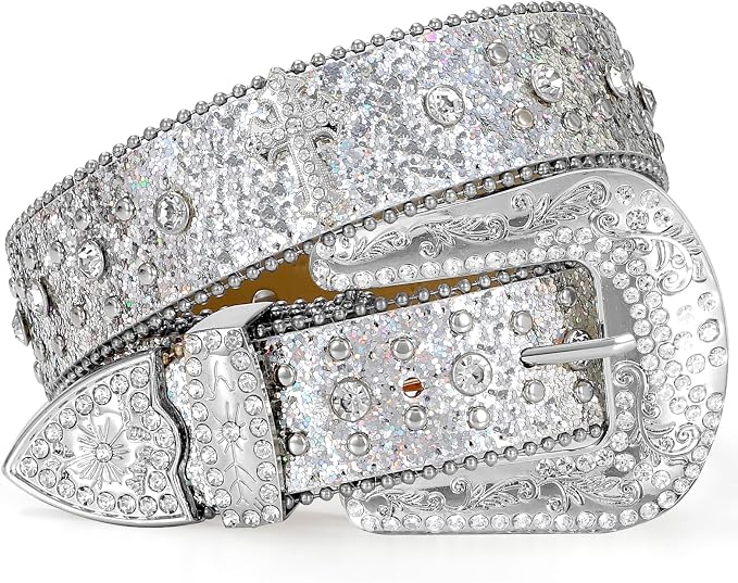 Unisex Rhinestone Crown & Cross Studded Belt