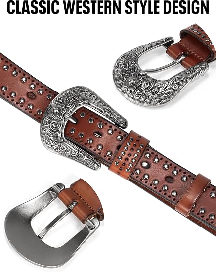 Women's Studded Full-Grain Leather Belt – Vintage Silver Buckle