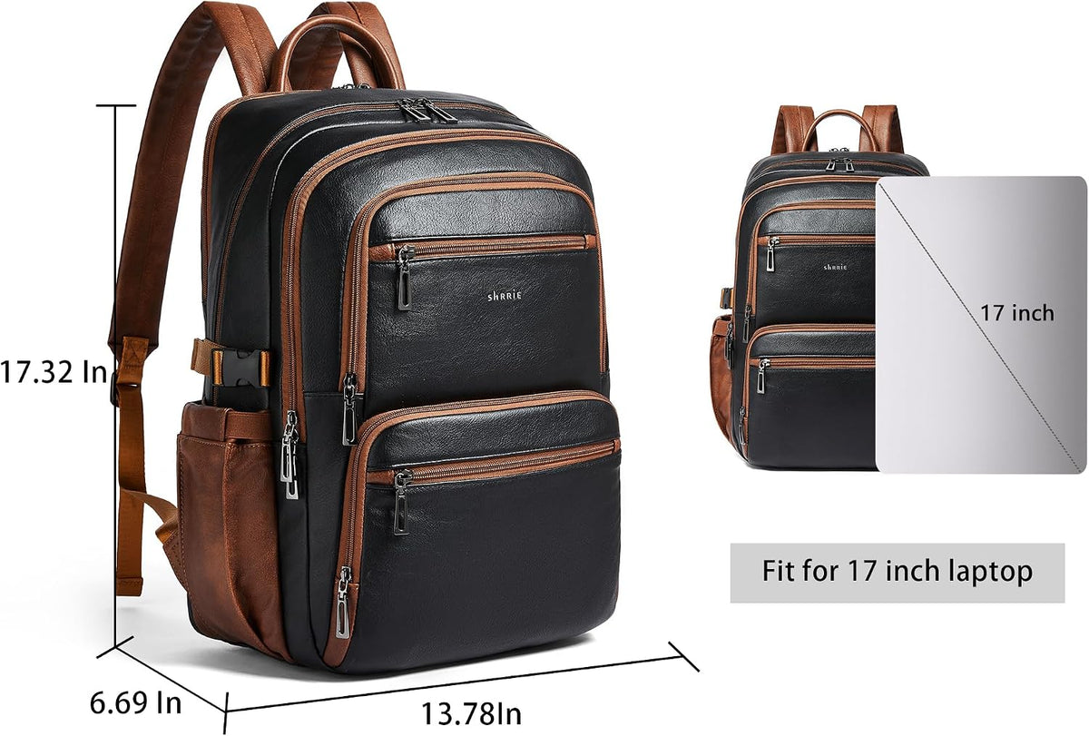 Women's Black Faux Leather 17 Inch Laptop Backpack with USB Charging Port