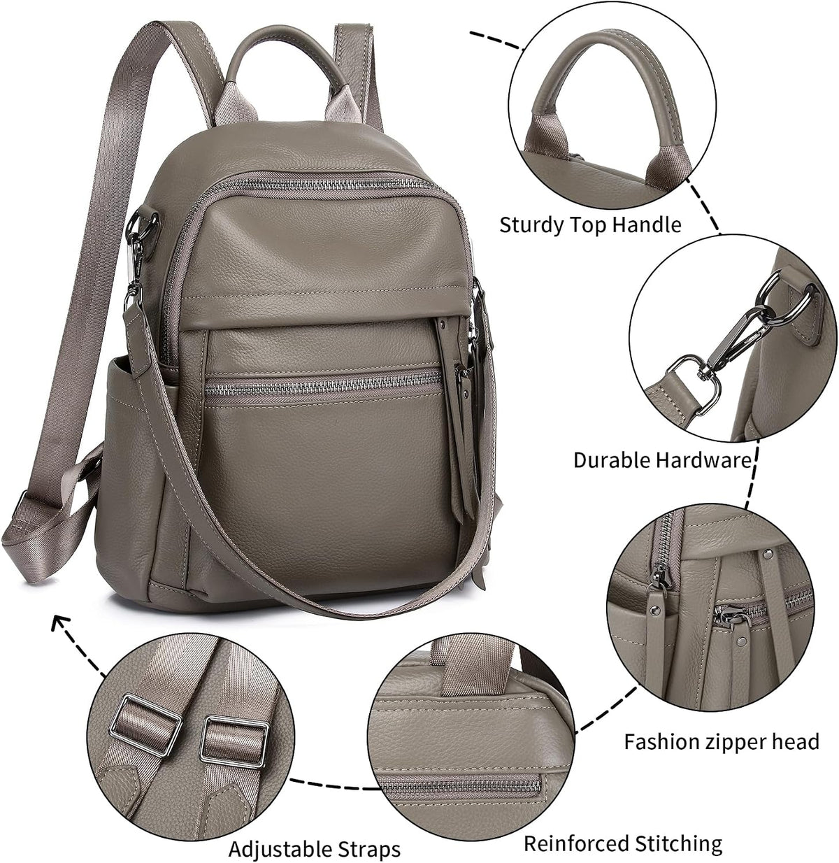 Women's Grey Full Grain Cowhide Leather Convertible Backpack Purse | BeltNBuckles