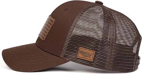 Brown American Flag Leather Patch Mesh Trucker Hat with Snap Closure