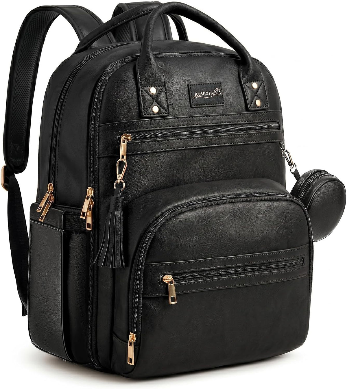 Brown Vegan Leather Backpack with 15.6 Inch Laptop Slot, Changing Pad and Stroller Straps