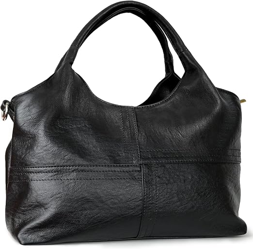 Women's Black Vegan Leather Tote Hobo Satchel with Detachable Strap