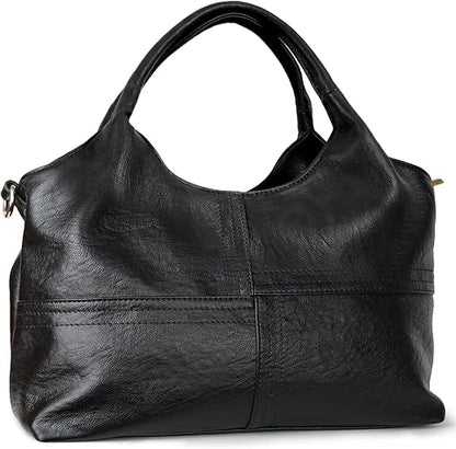 Women's Black Vegan Leather Tote Hobo Satchel with Detachable Strap