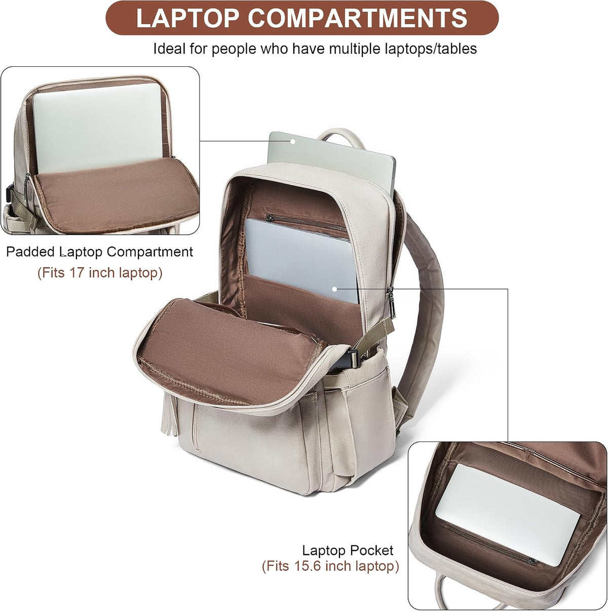 Women's Beige and Brown Faux Leather Laptop Backpack with 17 Inch Laptop Compartment