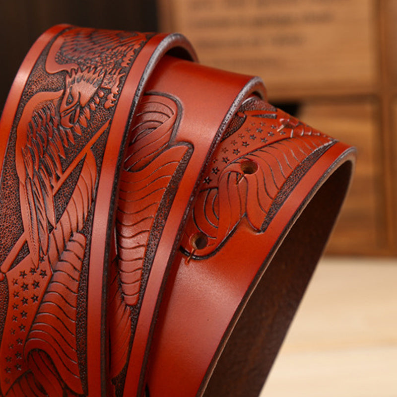 Western Men’s Leather Belt with Eagle Head Buckle