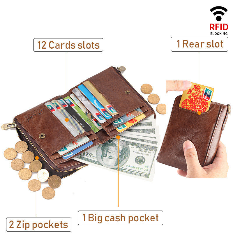 Men’s Genuine Leather Zipper Bifold Wallet – 12 Card Slots & Cash Pocket