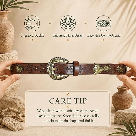 Women's Retro Floral Western Belt – Gold Alloy Buckle