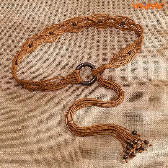 Women's Boho Braided Wax Rope Belt – Tassel Design