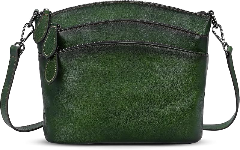 Women's Coffee Vegetable-Tanned Leather Crossbody Satchel with 3 Top Zippers