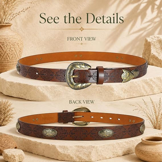Women's Retro Floral Western Belt – Gold Alloy Buckle