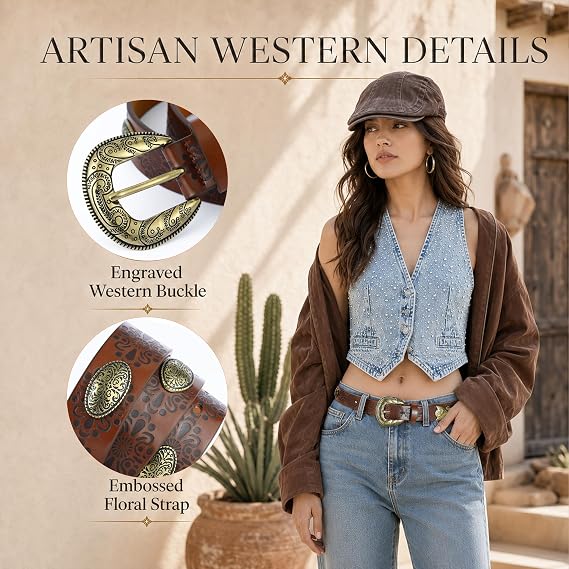 Women's Retro Floral Western Belt – Gold Alloy Buckle