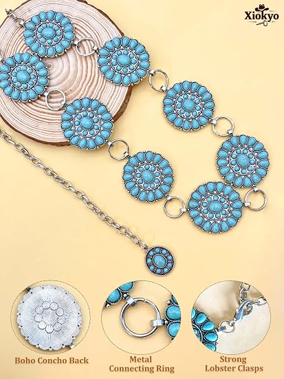 Women's Turquoise Concho Silver Chain Belt