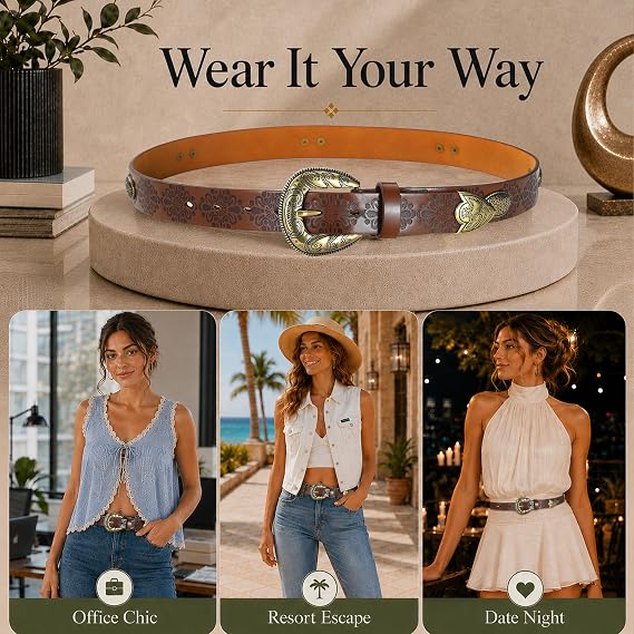 Women's Retro Floral Western Belt – Gold Alloy Buckle