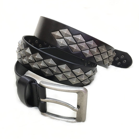 Unisex Rivet Leather Belt with Alloy Square Buckle