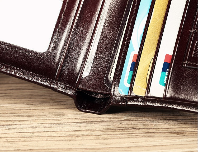 Men’s Genuine Leather Trifold Wallet – No Zipper, Coin Pocket, Slim & Compact Design in Black & Brown