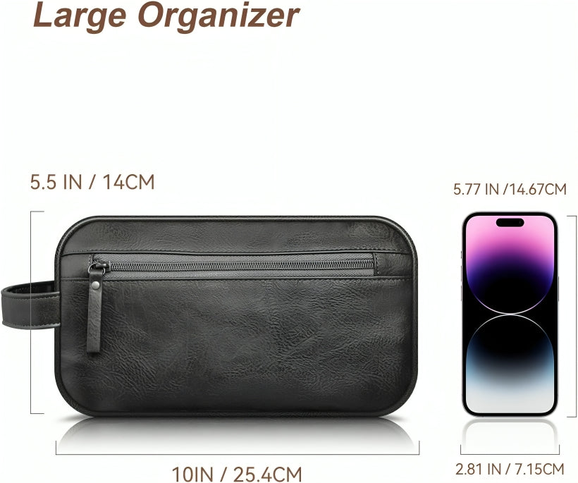 Black Water-Resistant Leather Toiletry Bag for Travel