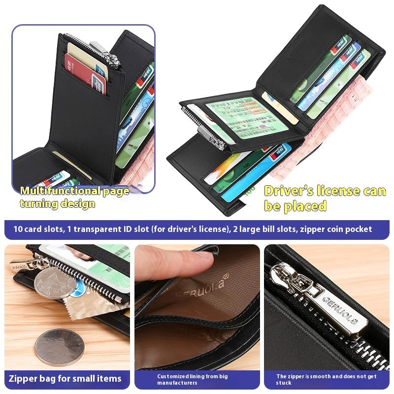 Men’s Short Leather Trifold Wallet with Zipper | Genuine Cowhide Anti-Theft Design
