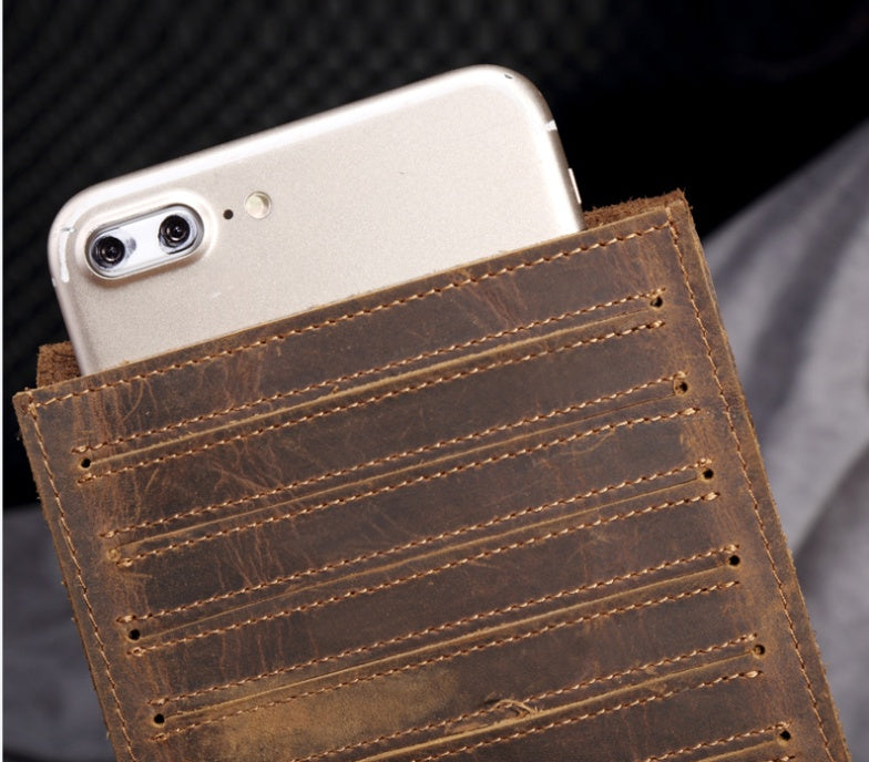Men's Long Leather Wallet – Crazy Horse Cowhide Card Holder, Phone & Money Bag with 18 Card Slots