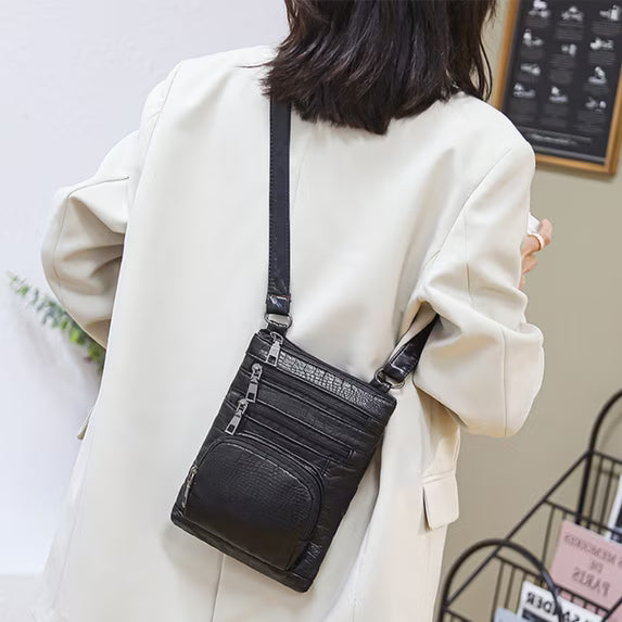 Black Leather-Style Crossbody Phone Bag with 4 Zip Pockets