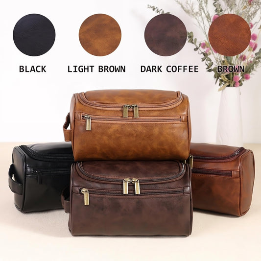 Dark Brown Hanging Leather Toiletry Bag with Metal Hook