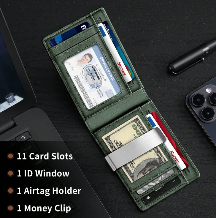 Men’s Airtag Wallet – Genuine Leather Bifold Slim Wallet with RFID Blocking & Money Clip