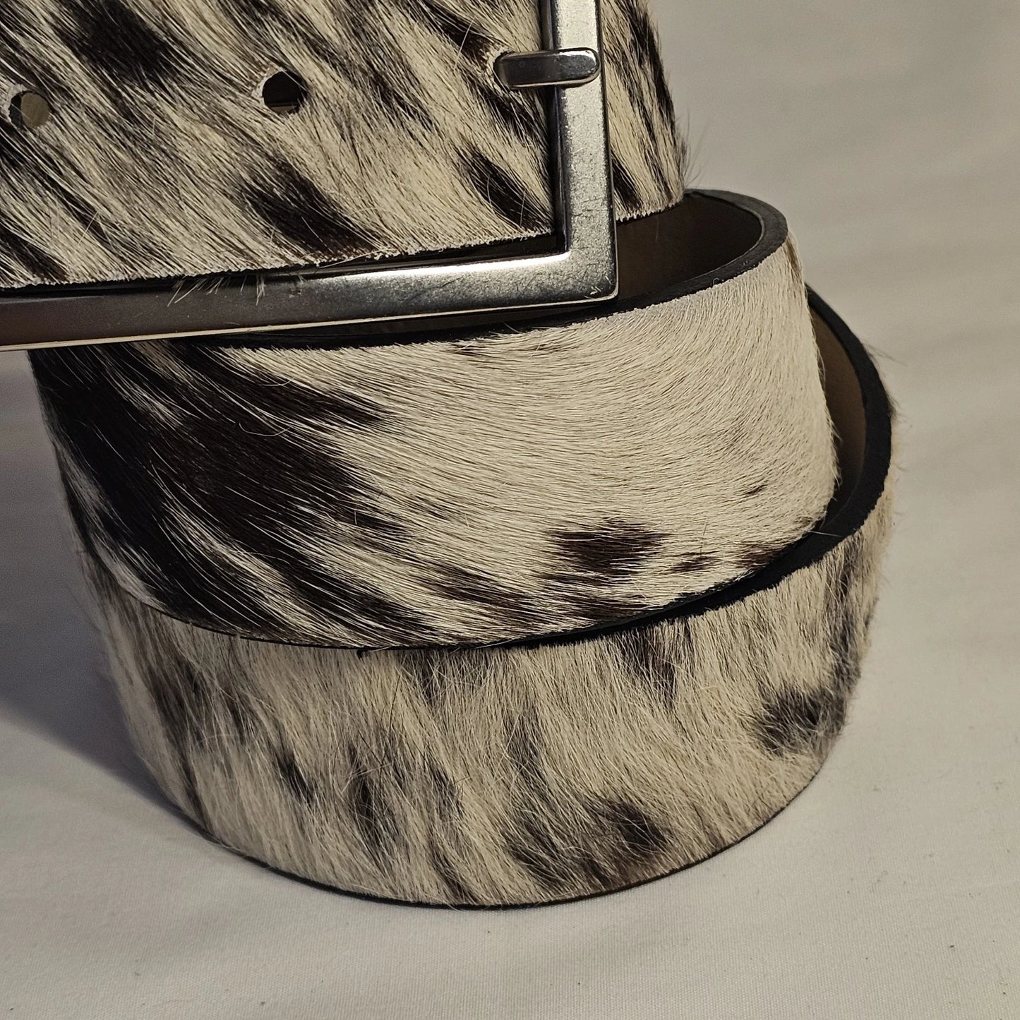 Black & White Hair-On Hide Leather Belt - Gunmetal Buckle