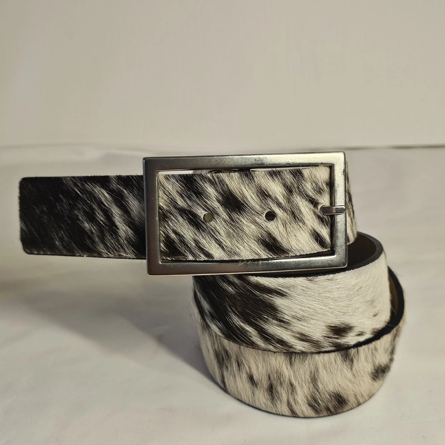 Black & White Hair-On Hide Leather Belt - Gunmetal Buckle