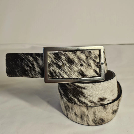 Black & White Hair-On Hide Leather Belt - Gunmetal Buckle