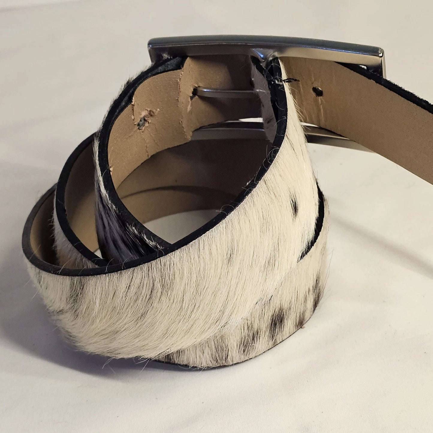 Black & White Hair-On Hide Leather Belt - Gunmetal Buckle