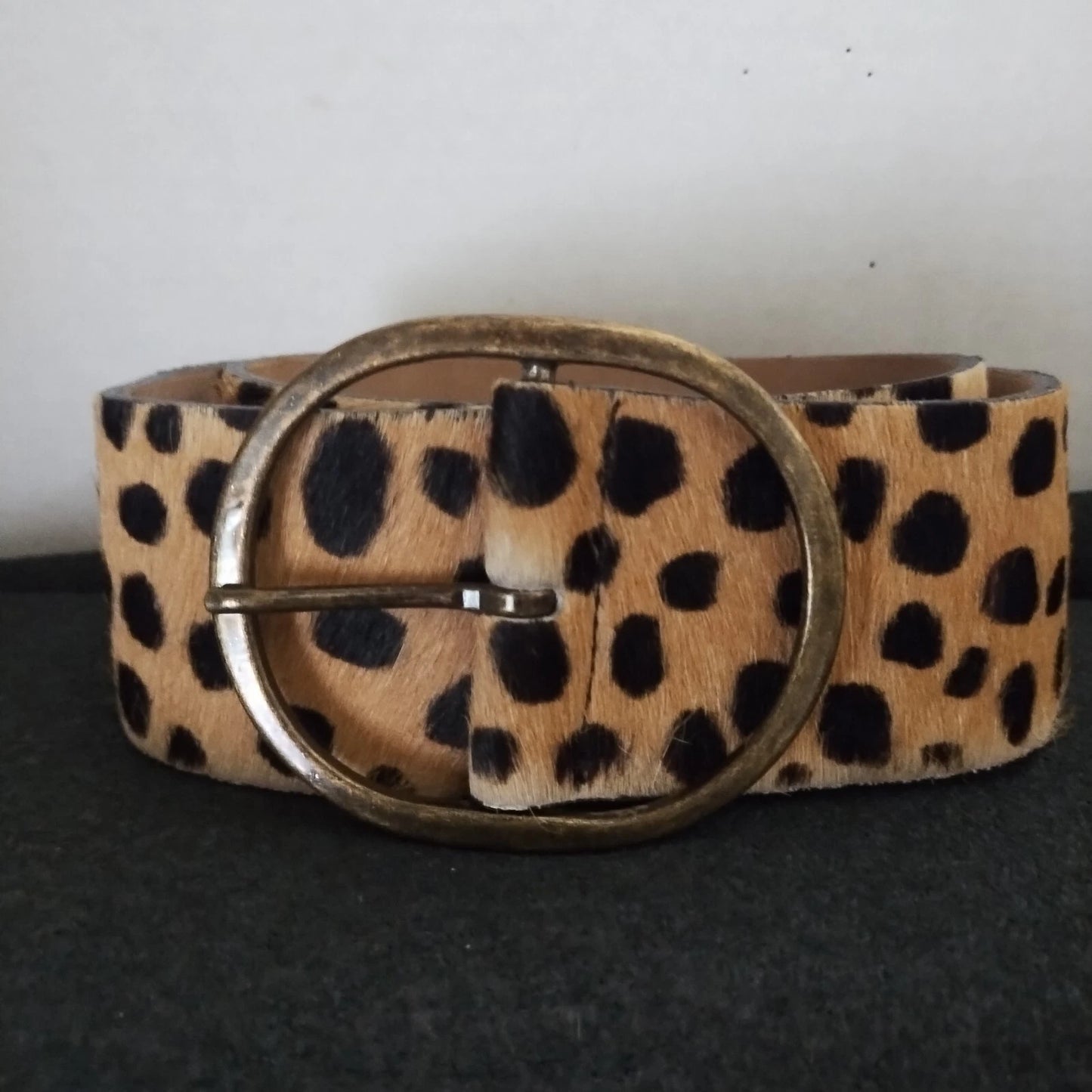 Cheetah Print Hair-On Hide Skinny Belt - Bronze Buckle