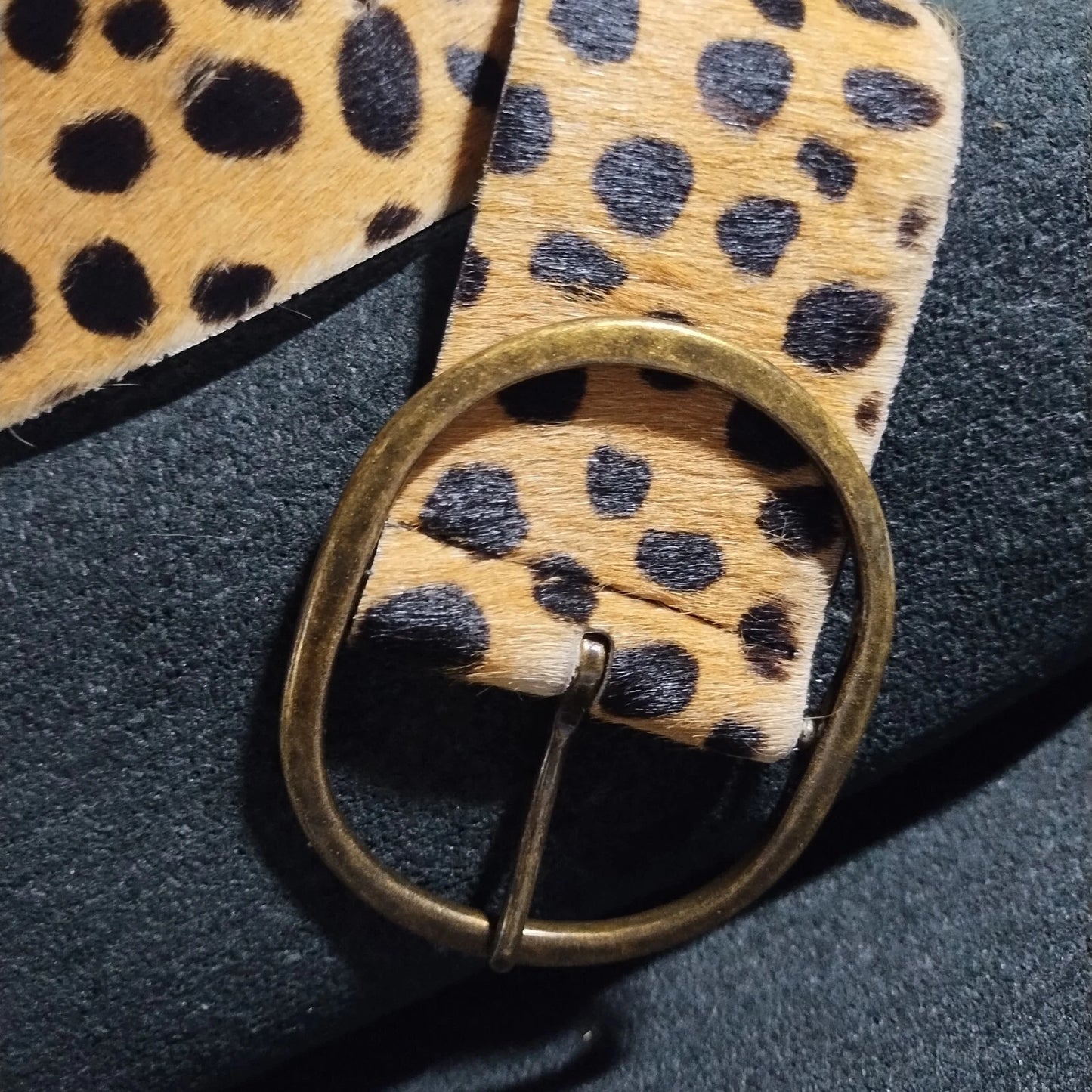 Cheetah Print Hair-On Hide Skinny Belt - Bronze Buckle